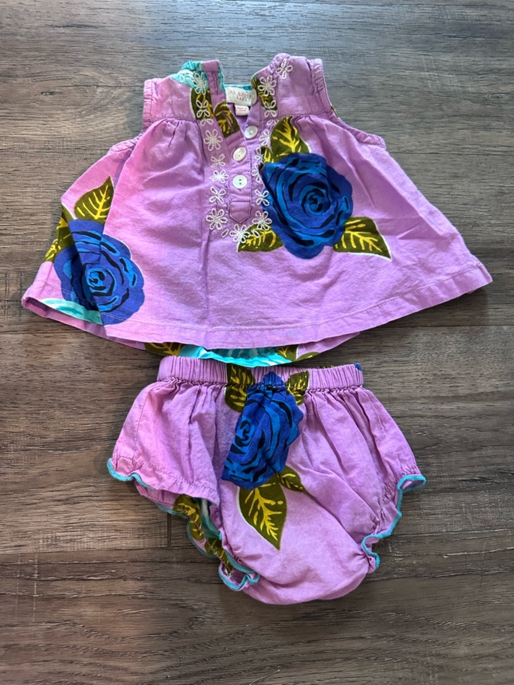 Pink Chicken Pink Top & Bloomers with Blue Rose Print